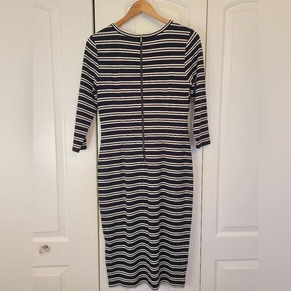 Ann Taylor Black White Striped Midi Length Dress Size S Career Office 3/4 Sleeve - Picture 2 of 13